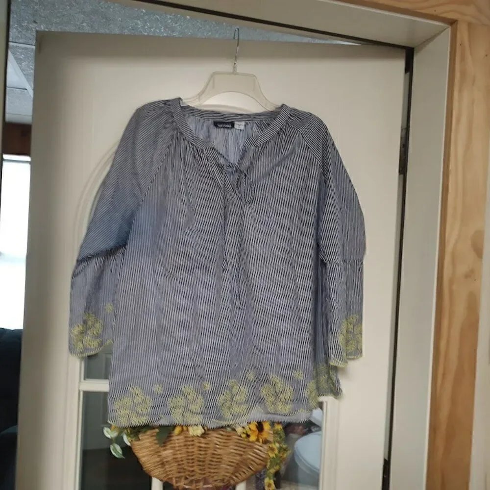 Basic Editions Blue White Striped With Yellow Flowers Top Size Women's L